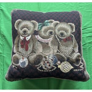 Vintage Decorative Christmas Teddy Bears Tapestry Accent Throw Pillow 16”x16”